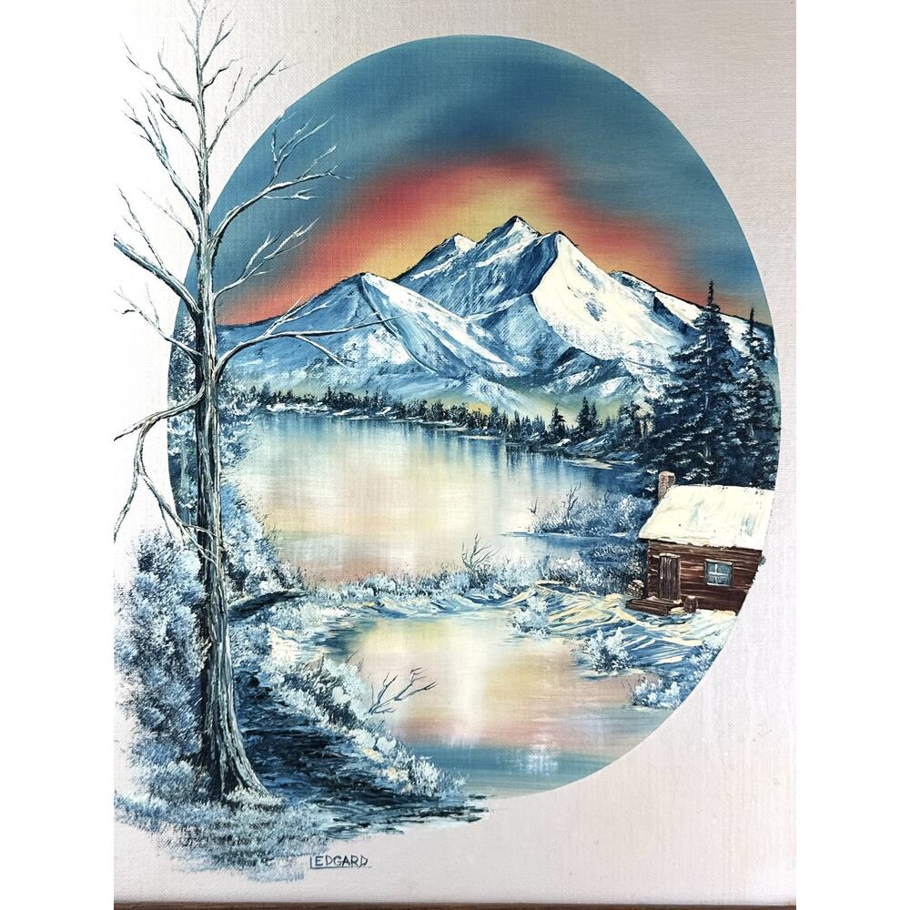 Oil Painting Winter At Dawn Cabin On Pond Signed Margaret Peggy Ledgard 1988 - Picture 4 of 10